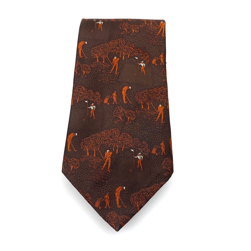 Vintage Mens Necktie Golf Course Golfers Brown